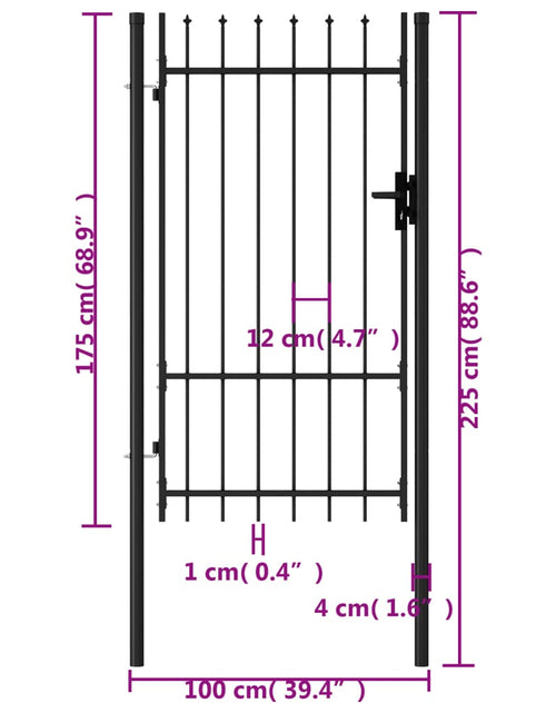 Încărcați imaginea în vizualizatorul Galerie, Poartă de gard cu o ușă, vârf ascuțit, negru, 1x1,75 m, oțel
