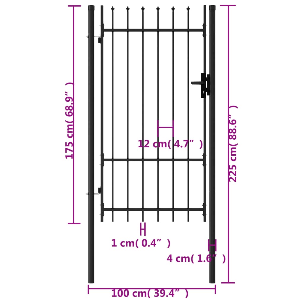 Poartă de gard cu o ușă, vârf ascuțit, negru, 1x1,75 m, oțel