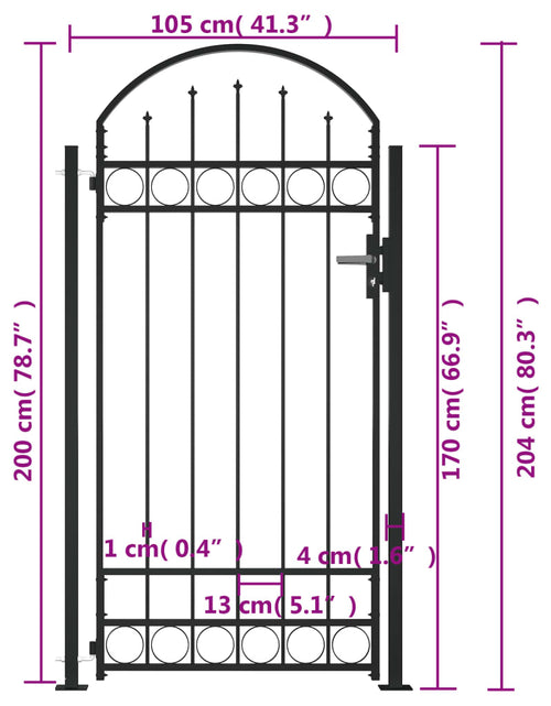 Загрузите изображение в средство просмотра галереи, Poartă de gard cu vârf arcuit și 2 stâlpi, negru, 105 x 204 cm
