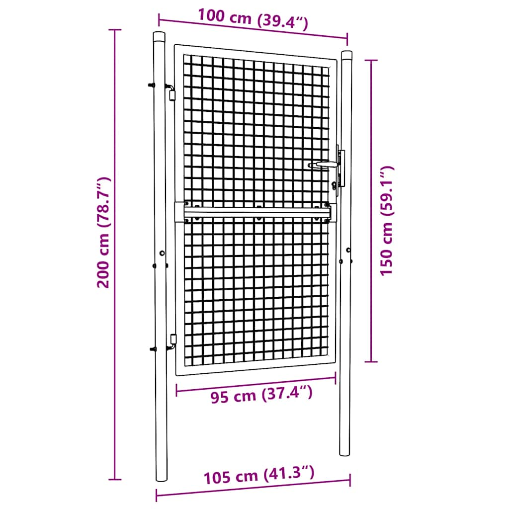 Poartă de grădină din plasă, gri, 100x200 cm, oțel galvanizat