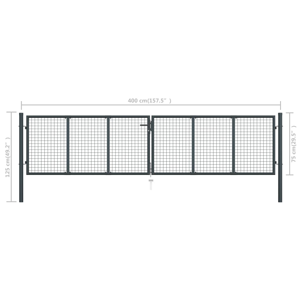 Poartă de grădină din plasă, gri, 400 x 125 cm, oțel galvanizat