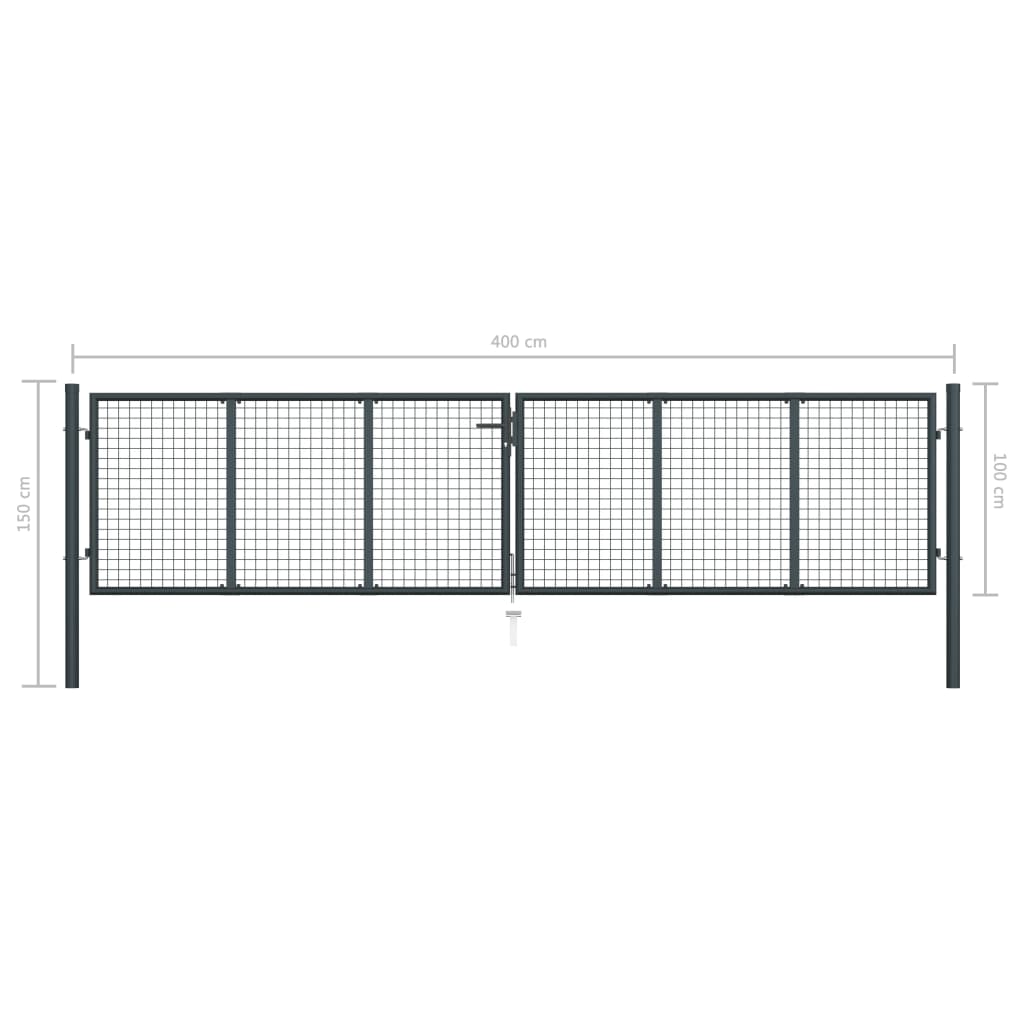 Poartă de grădină din plasă, gri, 400 x 150 cm, oțel galvanizat