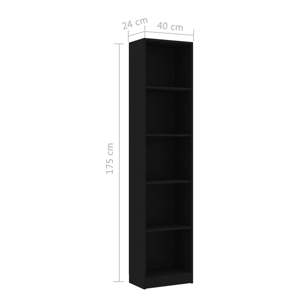 Bibliotecă cu 5 rafturi, negru, 40x24x175 cm, PAL