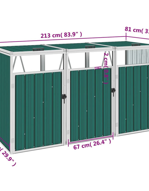 Încărcați imaginea în vizualizatorul Galerie, Magazie pubele triplă, verde, 213 x 81 x 121 cm, oțel

