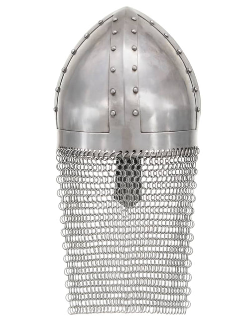 Încărcați imaginea în vizualizatorul Galerie, Coif cavaler cruciat antichizat joc de rol argintiu oțel
