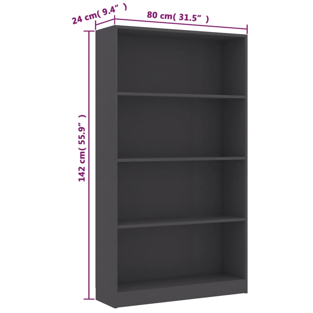 Bibliotecă cu 4 rafturi, gri, 80x24x142 cm, lemn prelucrat