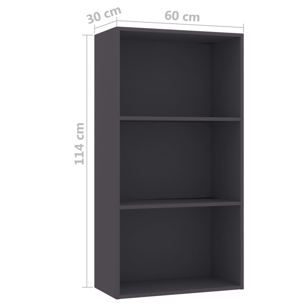 Bibliotecă cu 3 rafturi, gri, 60x30x114 cm, lemn prelucrat