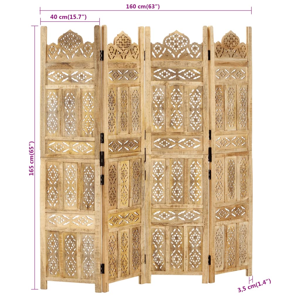 Paravan cameră sculptat manual 4 panouri 160x165 cm mango