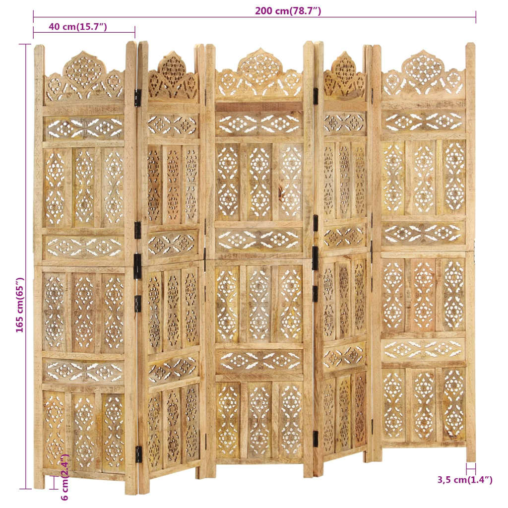 Paravan cameră sculptat manual 5 panouri 200x165 cm mango