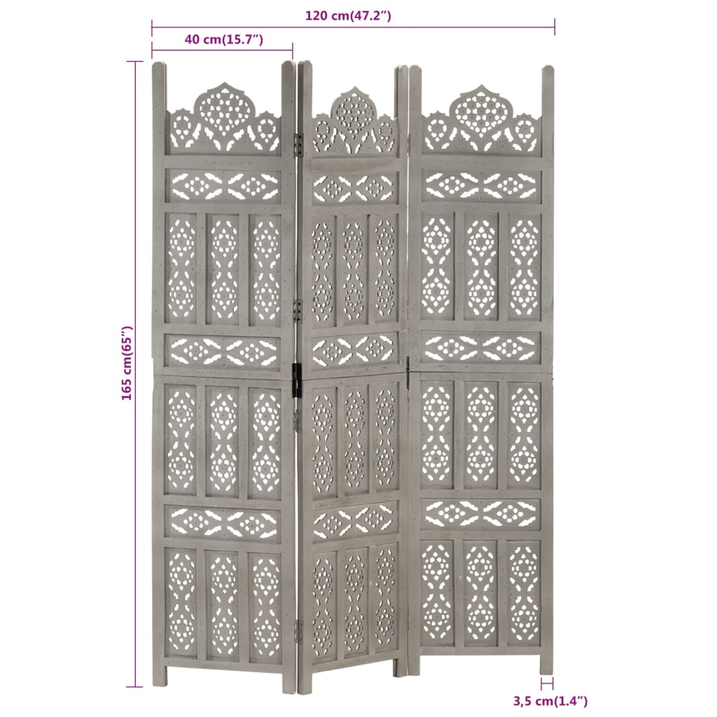 Paravan cameră sculptat manual 3 panouri gri 120x165 cm mango