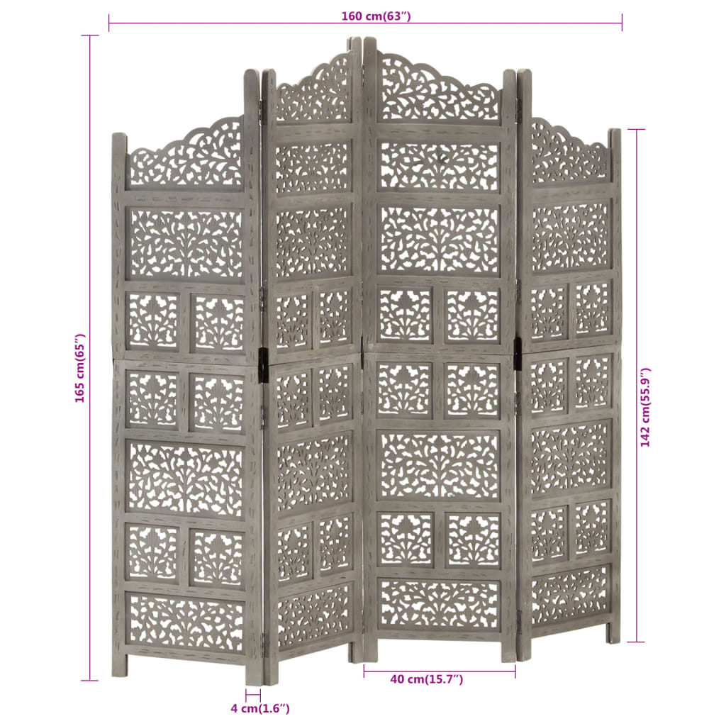 Paravan cameră sculptat manual 4 panouri gri 160x165 cm mango