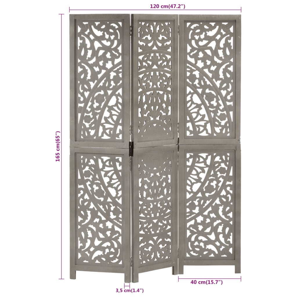 Paravan cameră sculptat manual 3 panouri gri 120x165 cm mango