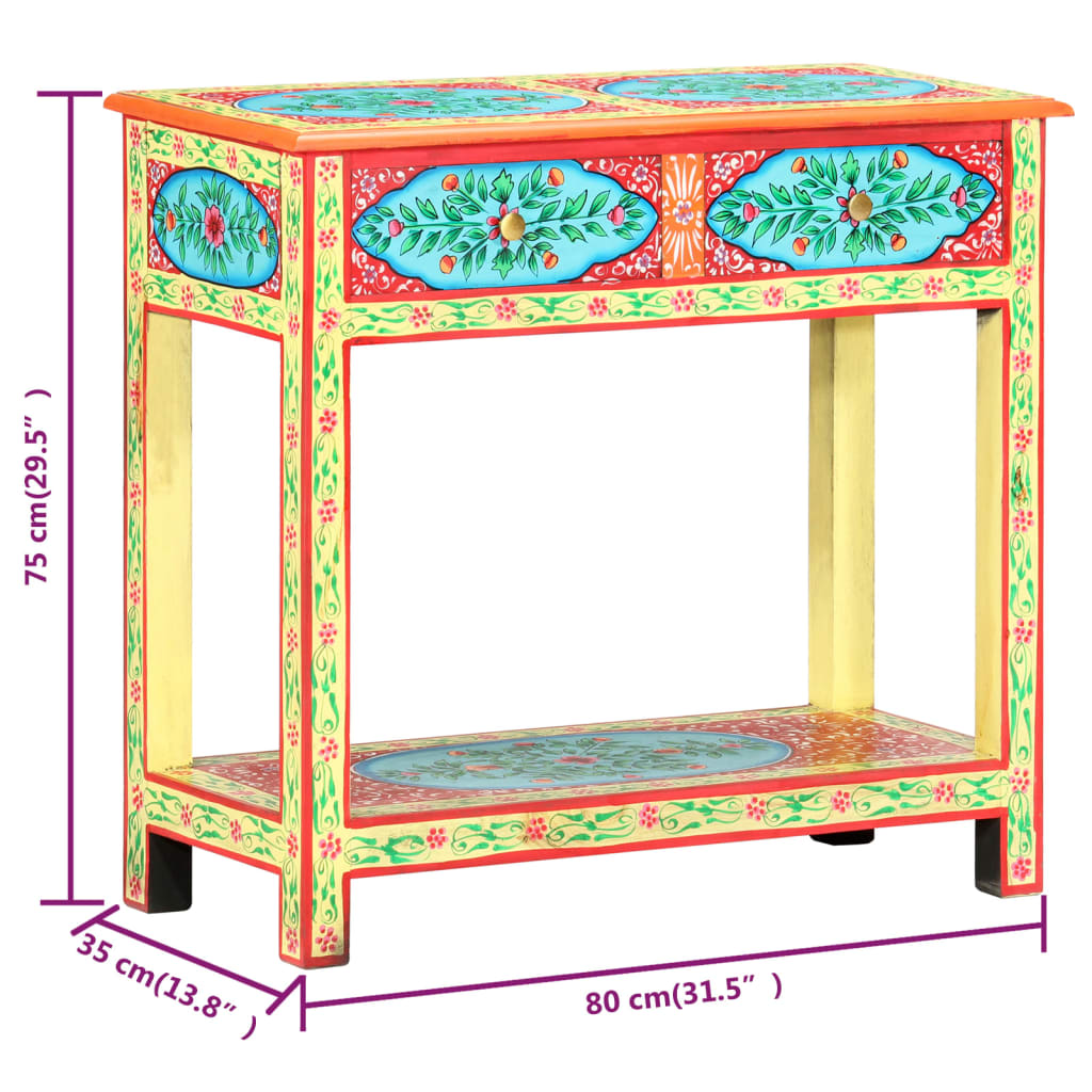 Masă consolă pictată manual, 80x35x75 cm, lemn masiv mango