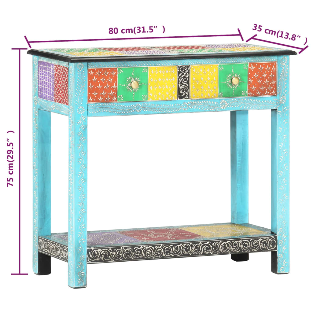 Masă consolă pictată manual, 80 x 35 x 75 cm, lemn masiv mango