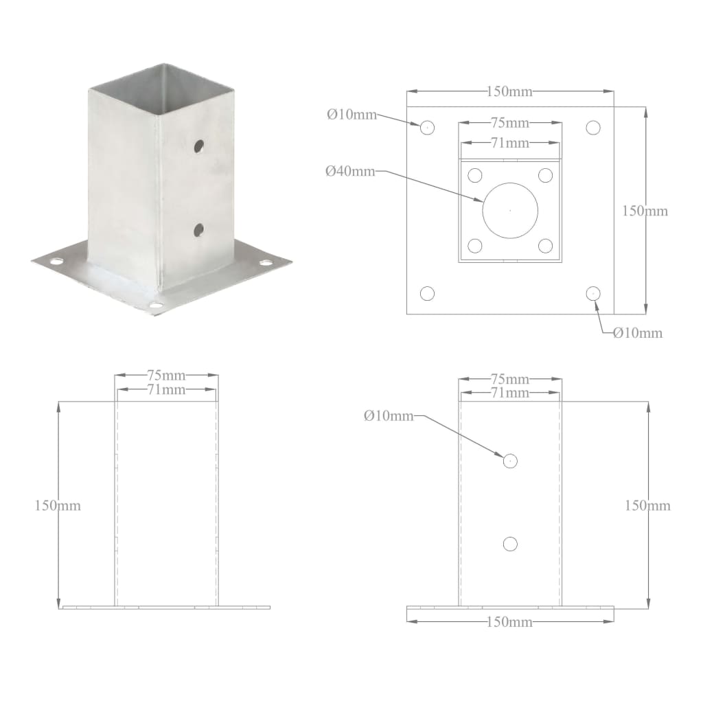 Suporți stâlp, 4 buc., metal galvanizat, 71 mm