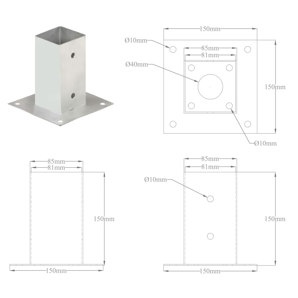 Suporți stâlp, 4 buc., metal galvanizat, 81 mm