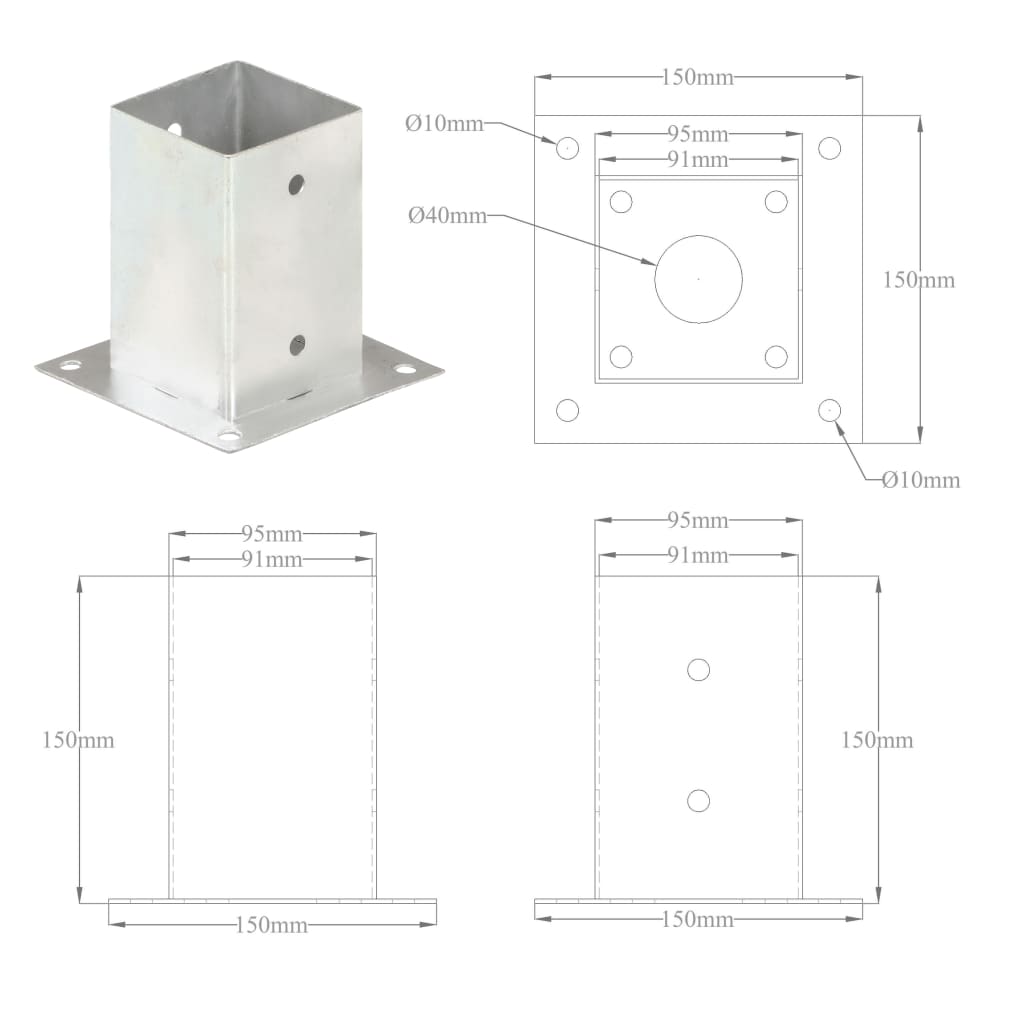 Suporți stâlp, 4 buc., metal galvanizat, 91 mm