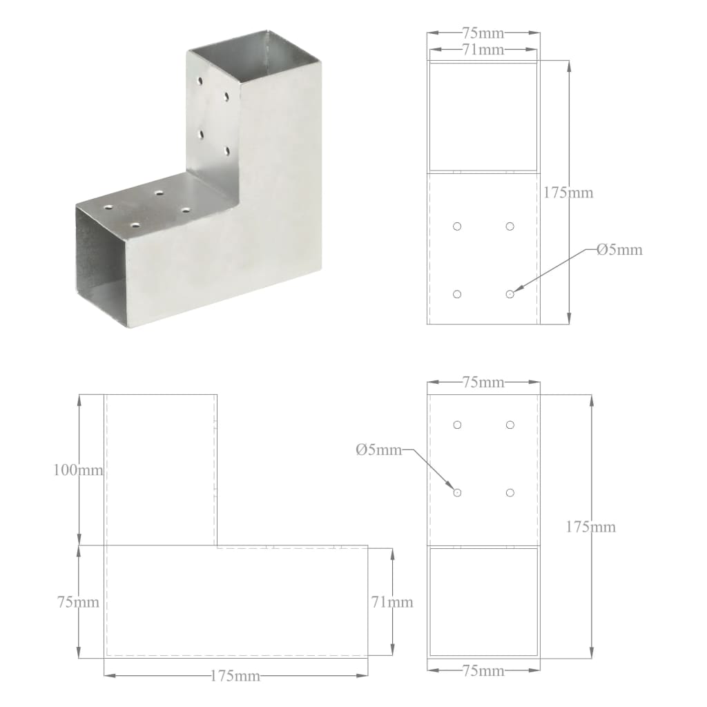 Conector de grindă, formă L, 71 x 71 mm, metal galvanizat