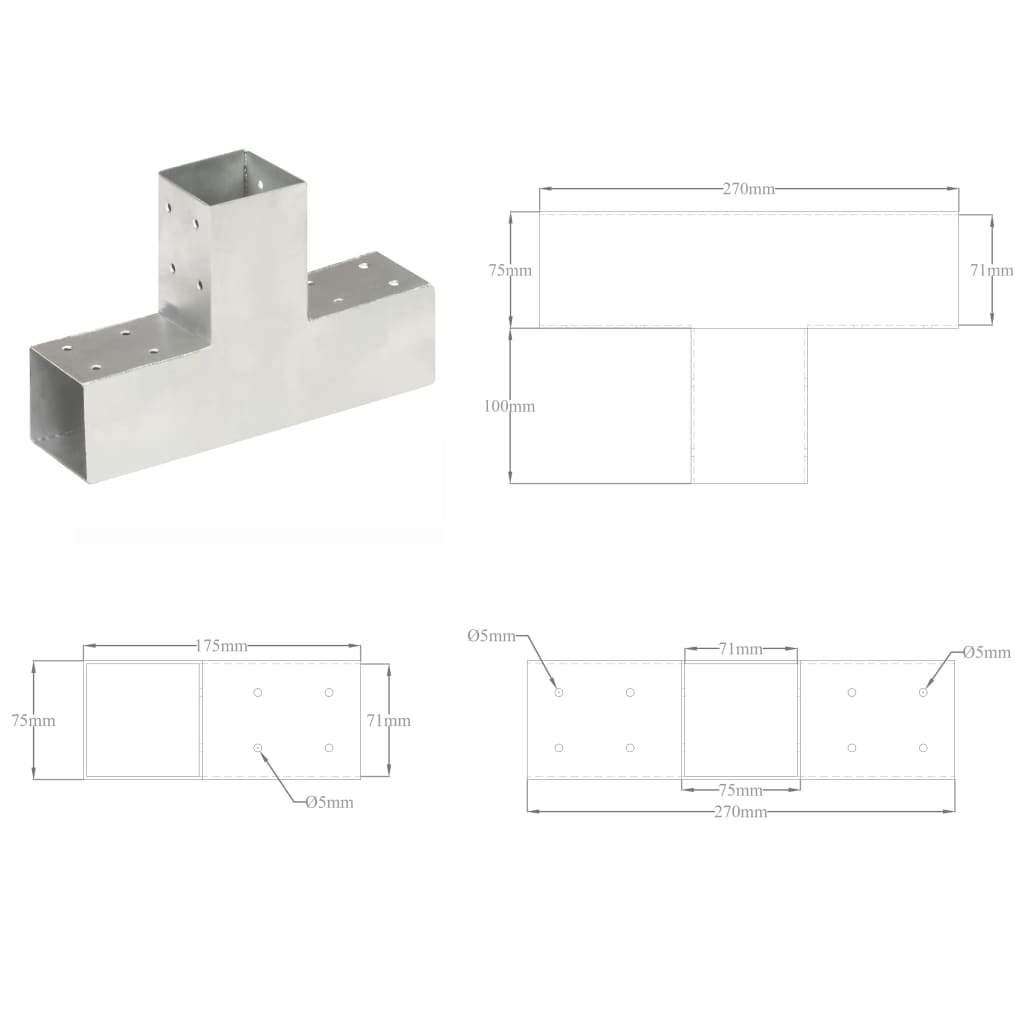 Conectori de grindă, formă T, 4 buc, 71x71 mm, metal galvanizat