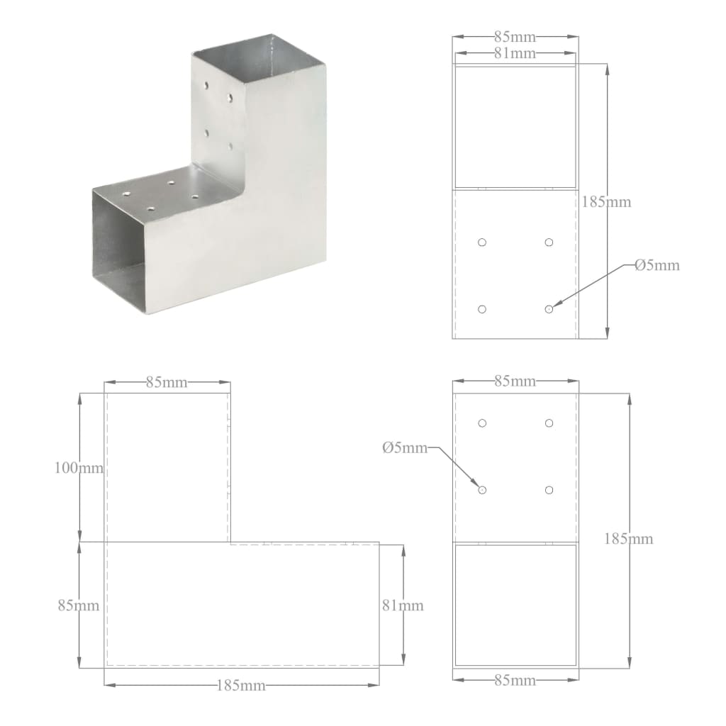 Conectori de grindă, formă L, 4 buc, 81x81 mm, metal galvanizat