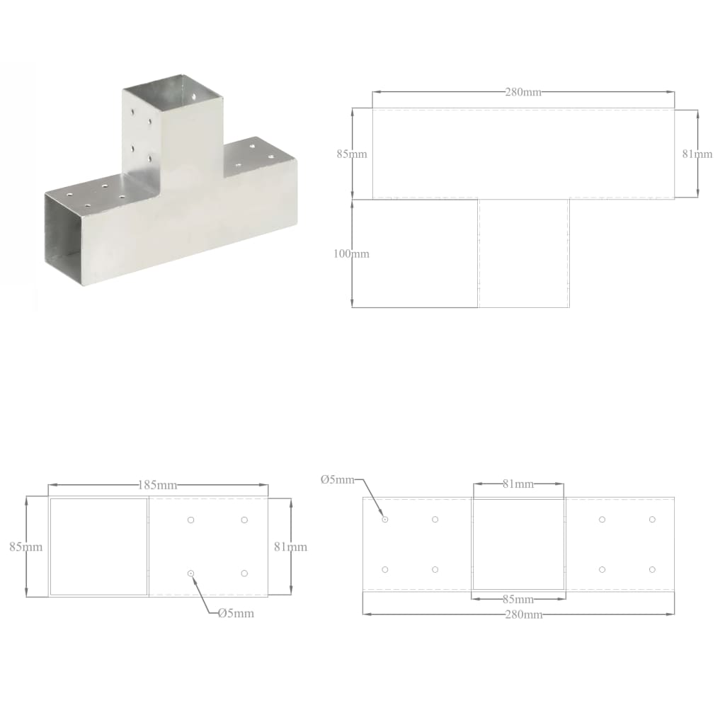 Conector de grindă, formă T, 81 x 81 mm, metal galvanizat