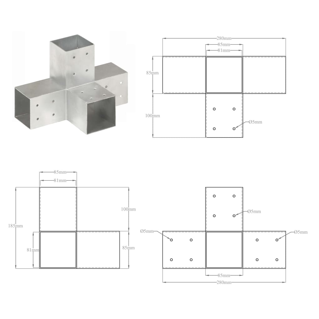 Conectori de grindă, formă X, 4 buc, 81x81 mm, metal galvanizat