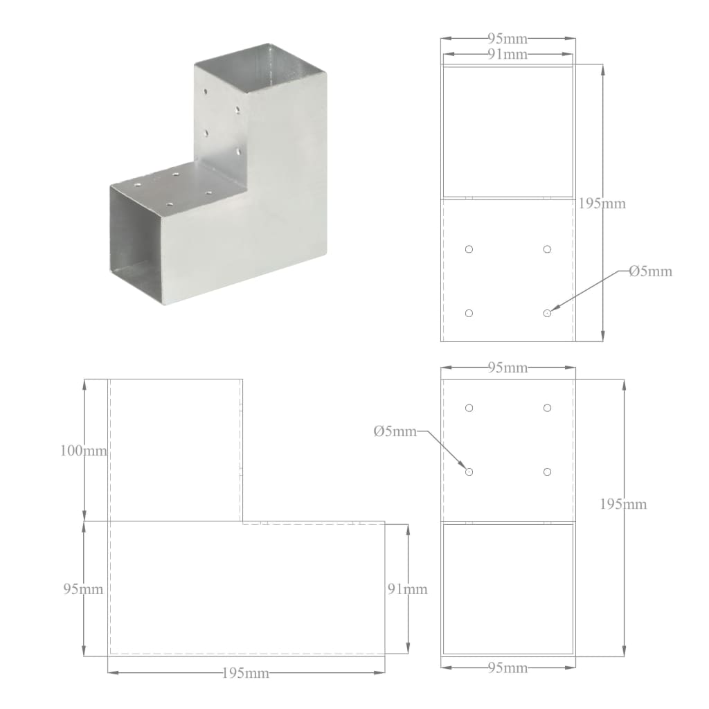 Conectori de grindă, formă L, 4 buc, 91x91 mm, metal galvanizat