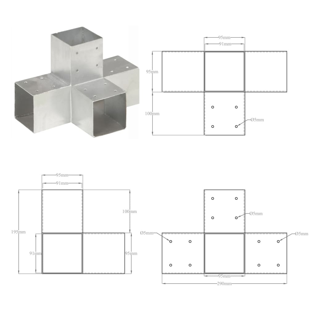 Conector de grindă, formă X, 91 x 91 mm, metal galvanizat