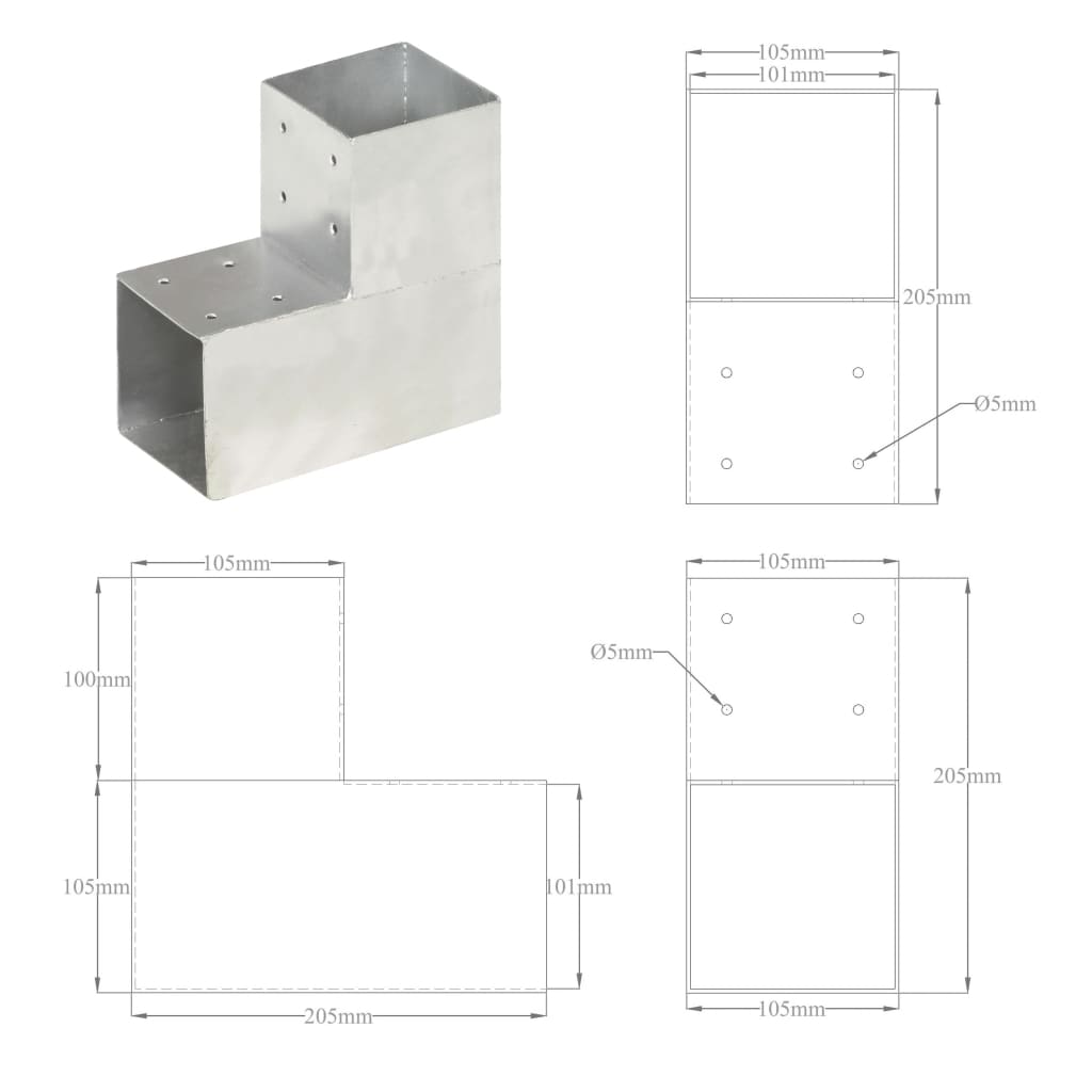 Conectori grindă, formă L, 4 buc, 101x101 mm, metal galvanizat