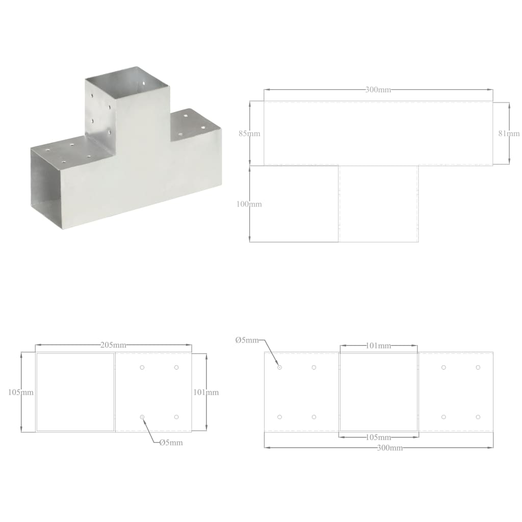 Conector de grindă, formă T, 101 x 101 mm, metal galvanizat