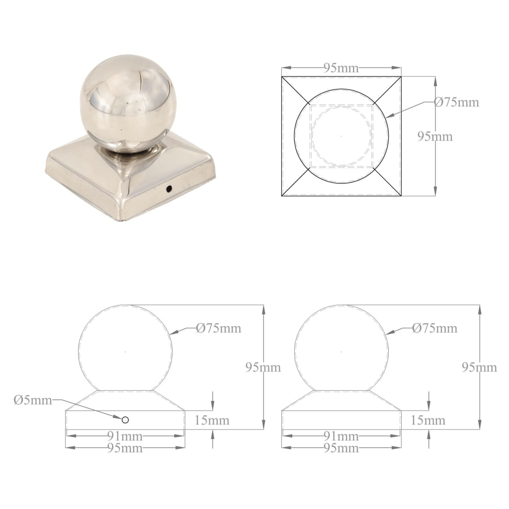 Capace stâlpi tip glob, 6 buc., 91 x 91 mm, oțel inoxidabil