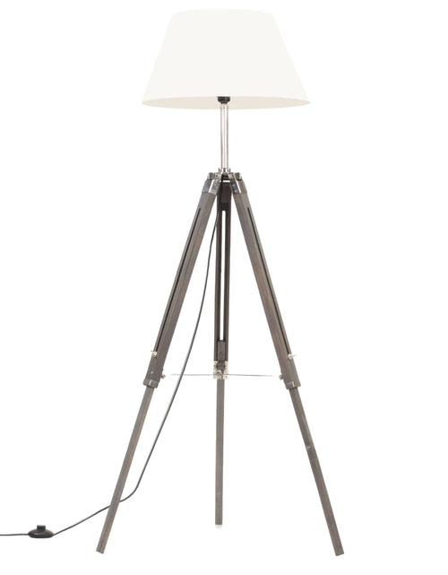Încărcați imaginea în vizualizatorul Galerie, Lampă de podea cu trepied, gri/alb, 141 cm, lemn masiv de tec - Lando
