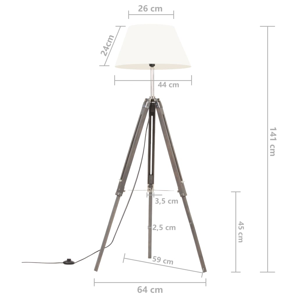 Lampă de podea cu trepied, gri/alb, 141 cm, lemn masiv de tec - Lando