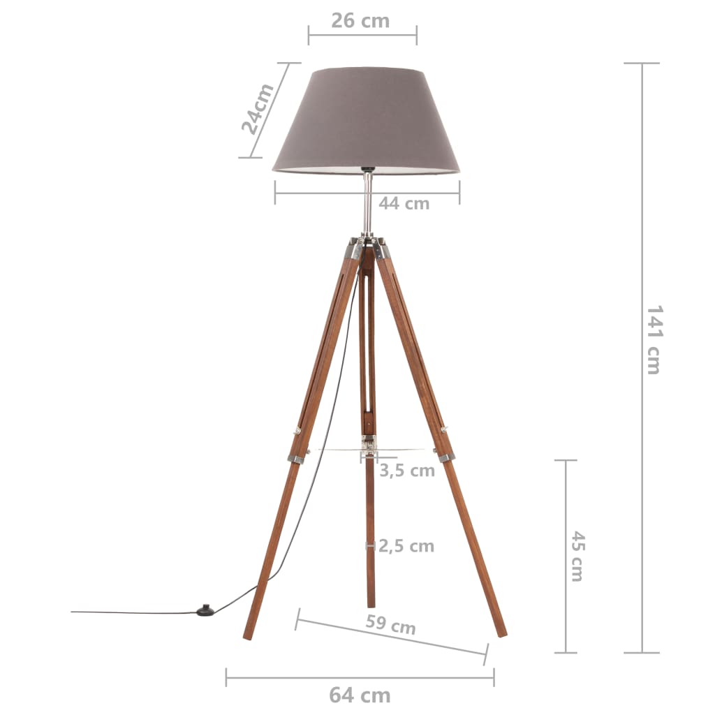 Lampă de podea trepied, maro miere și gri, 141 cm, lemn de tec