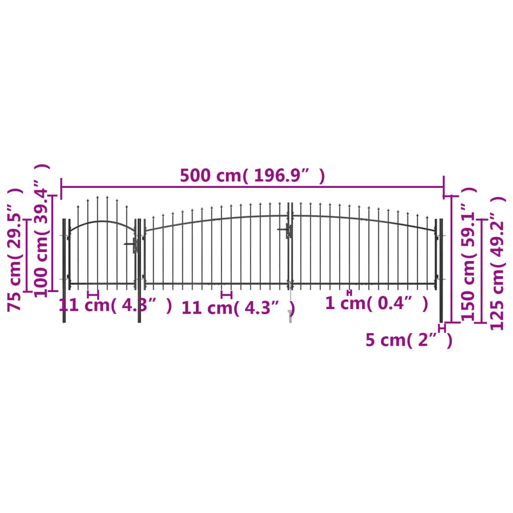 Poartă gard pentru grădină cu vârf suliță, negru 5 x 1,5 m