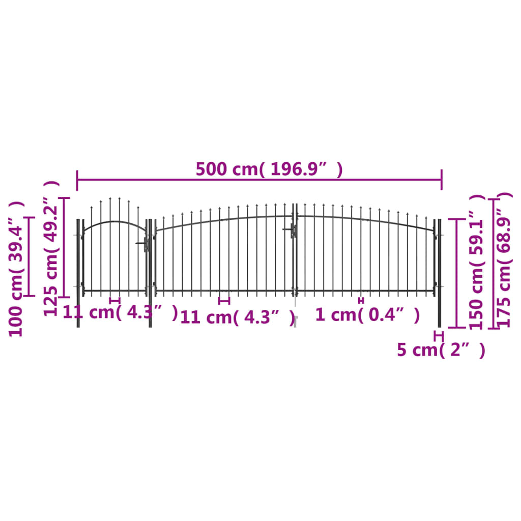 Poartă gard pentru grădină cu vârf suliță, negru 5 x 1,75 m