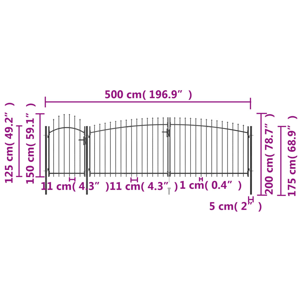 Poartă gard pentru grădină cu vârf suliță, negru, 5 x 2 m