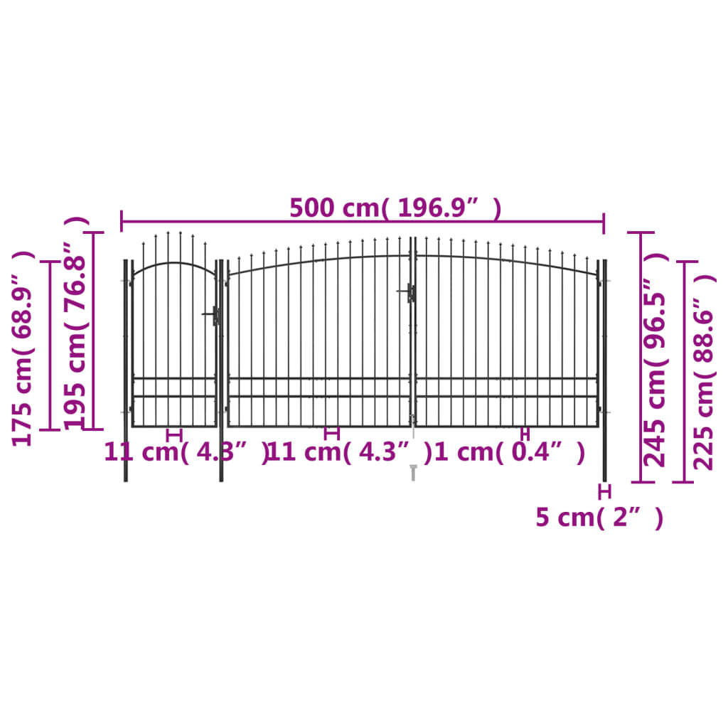 Poartă gard pentru grădină cu vârf suliță, negru 5 x 2,45 m