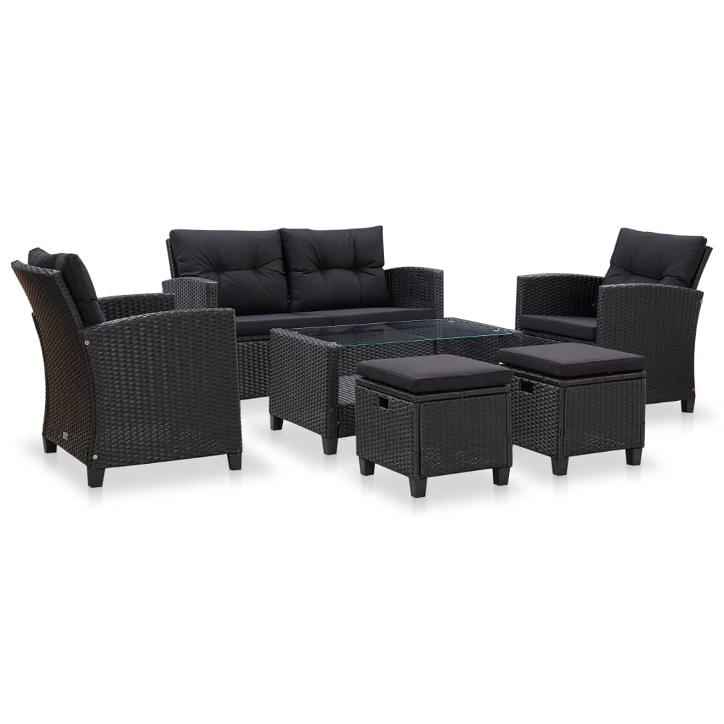 Set mobilier de grădină cu perne, 6 piese, negru, poliratan