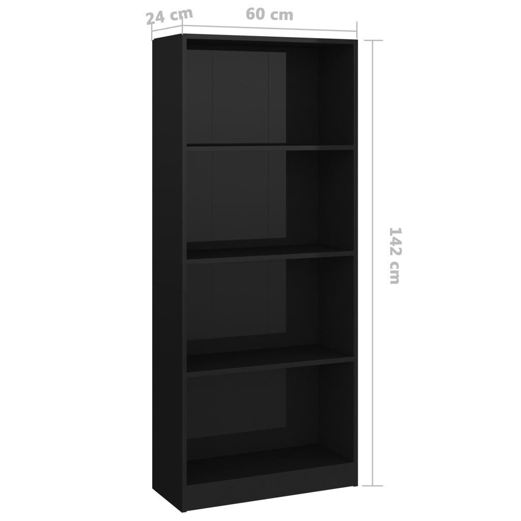 Bibliotecă cu 4 rafturi, negru extralucios, 60x24x142 cm, PAL