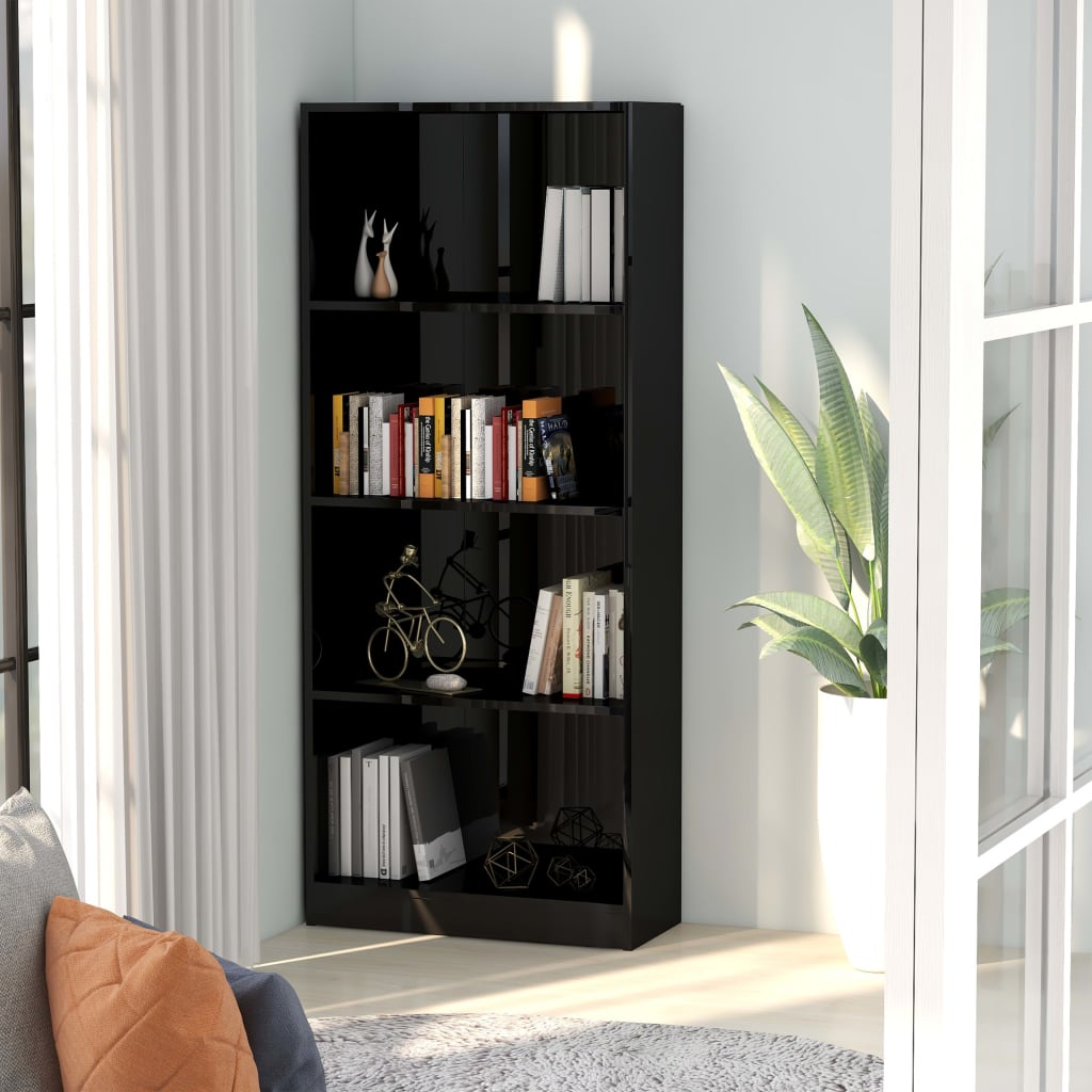 Bibliotecă cu 4 rafturi, negru extralucios, 60x24x142 cm, PAL