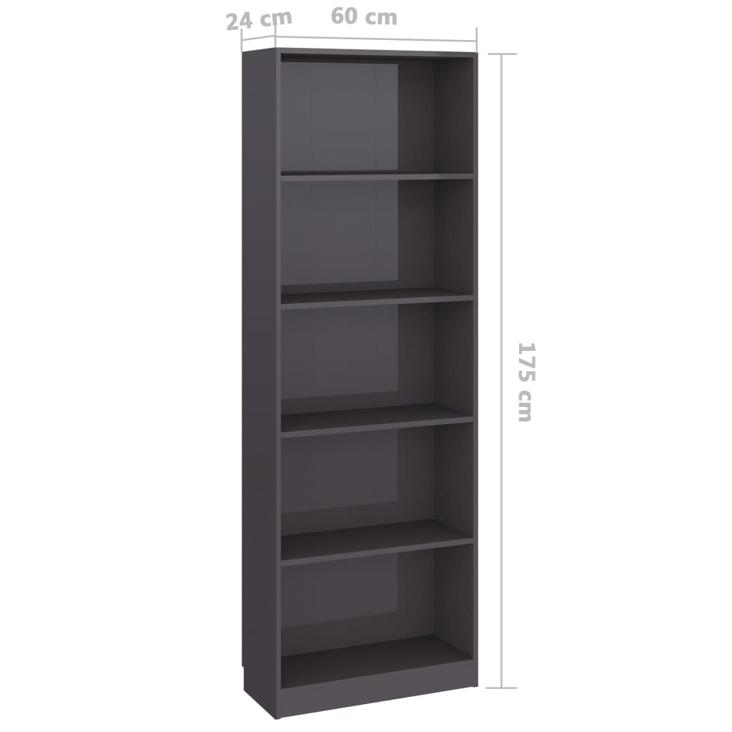 Bibliotecă 5 rafturi, gri lucios, 60x24x175 cm, lemn prelucrat