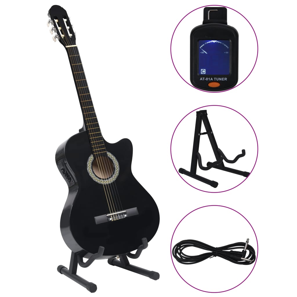 Set chitară acustică cu egalizator, 12 piese, 6 corzi, negru