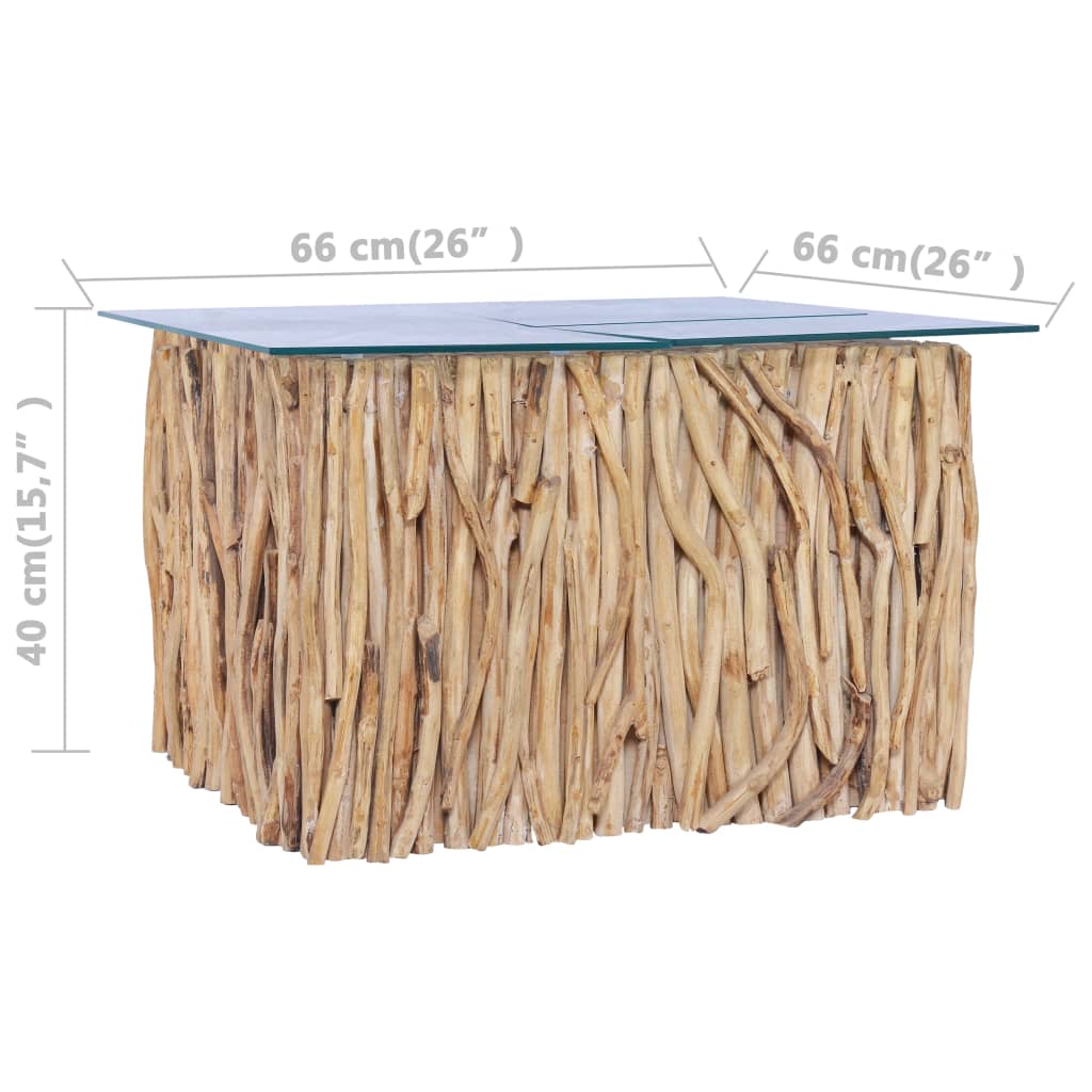 Măsuță de cafea cu blat de sticlă, 66x66x40 cm, lemn masiv tec