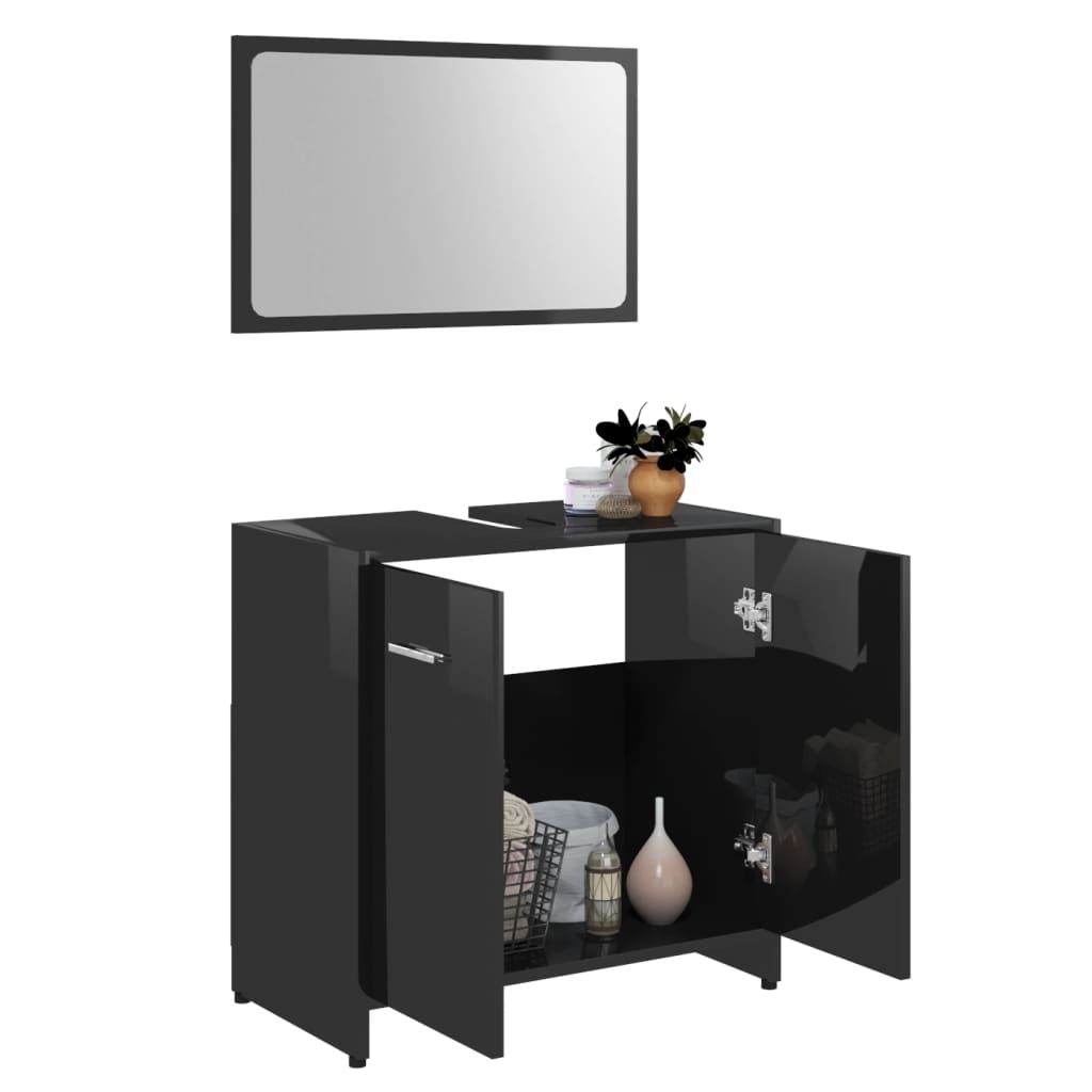 Set mobilier de baie, negru extralucios, lemn prelucrat