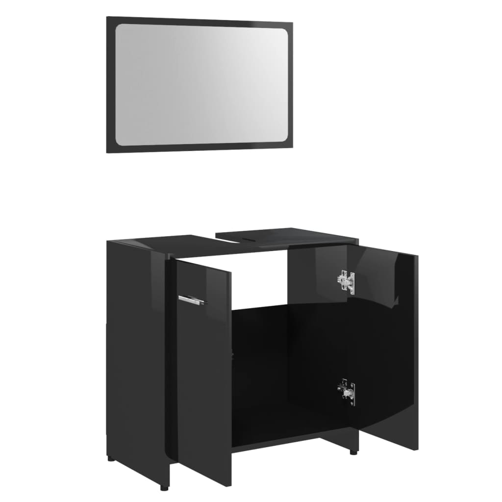 Set mobilier de baie, negru extralucios, lemn prelucrat