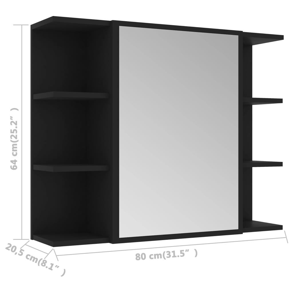 Dulap de baie cu oglindă, negru, 80x20,5x64 cm, lemn prelucrat