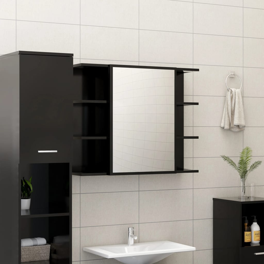 Dulap de baie cu oglindă, negru, 80x20,5x64 cm, lemn prelucrat