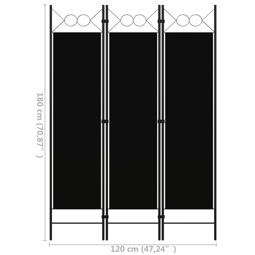 Paravan de cameră cu 3 panouri, negru, 120 x 180 cm