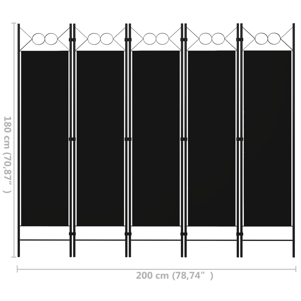 Paravan de cameră cu 5 panouri, negru, 200 x 180 cm